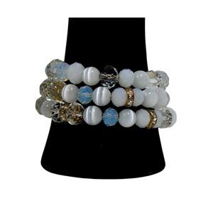 Classic Triple Beaded White and Blue Spiral Bracelet